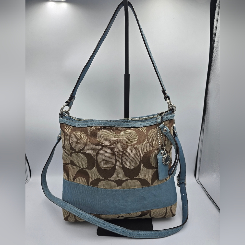 COACH F13674 Signature Jacquard 2-way Shoulder Bag Crossbody Light Blue Stripe